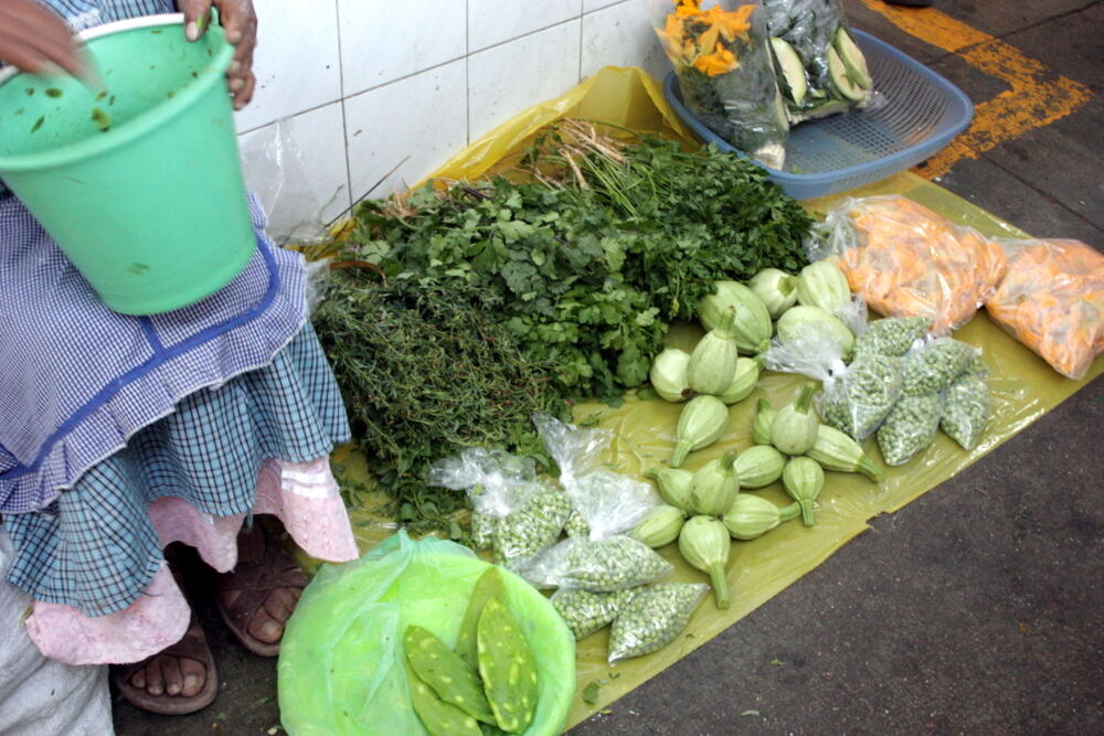 Fresh nopales and herbs at a Mexican market